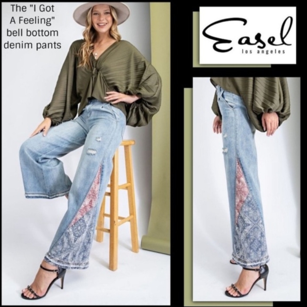Easel Women's Light Blue Flare Jeans with Patterned Panels